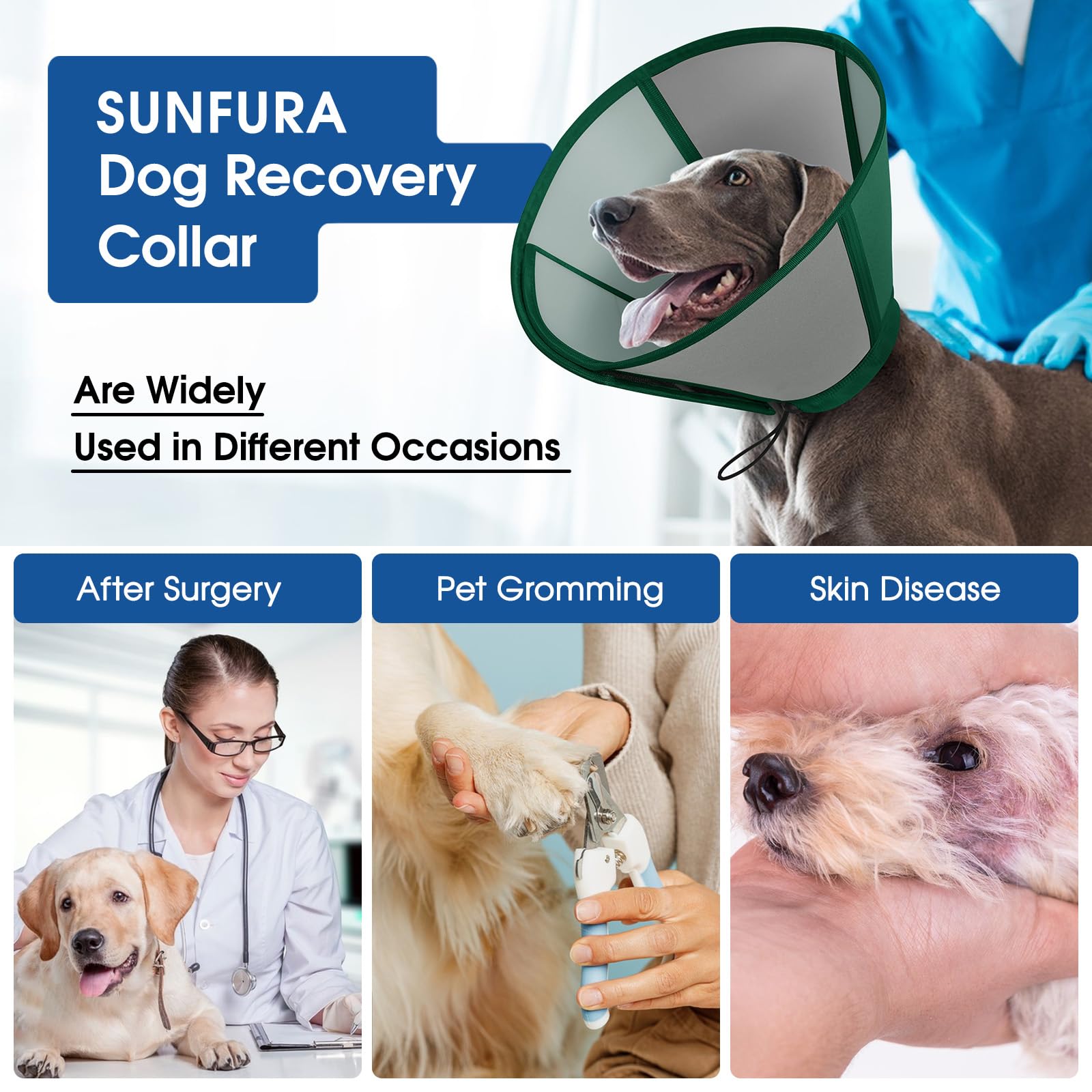 SUNFURA cone post-chirurgie ajustable, fermeture auto-agrippante pour un enfilage rapide.