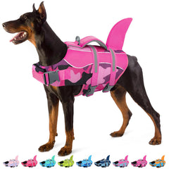 SUNFURA gilet sauvetage chien style requin rose camouflage, visibilite et securite en eau.