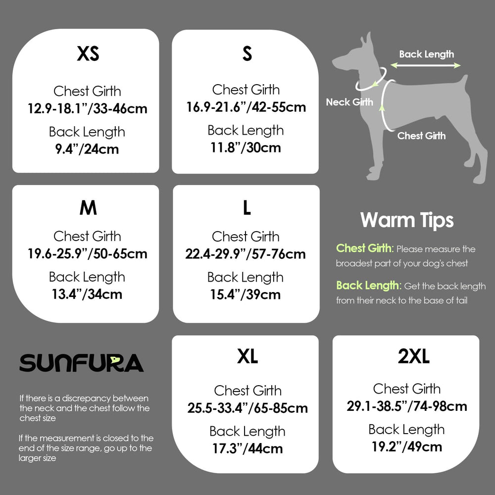 Guide de taille SUNFURA, mesurez poitrine et longueur pour un ajustement.