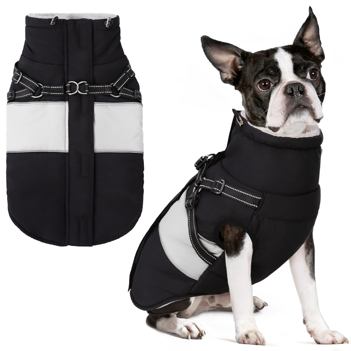 Manteau SUNFURA pour petit chien avec harnais integre — enfilage facile.