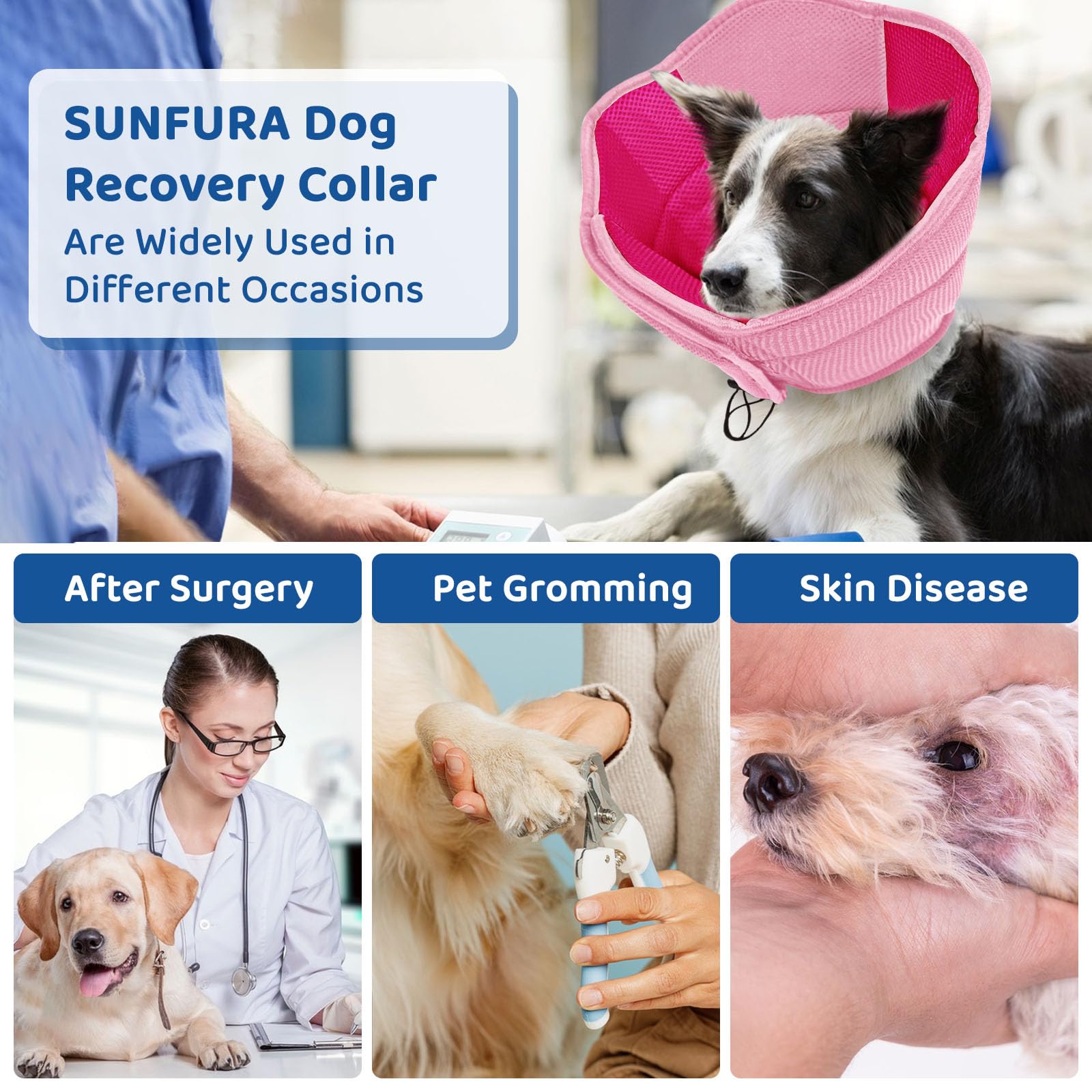 SUNFURA collier de recuperation quotidien pour chien rose, adapté à plusieurs races