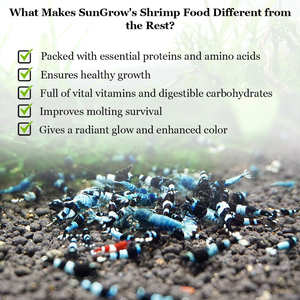 SunGrow Alimentation crevettes – ingrédients riches en spiruline et protéines pour le développement.
