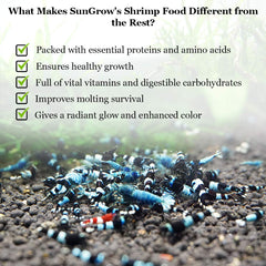 SunGrow Alimentation crevettes – ingrédients riches en spiruline et protéines pour le développement.