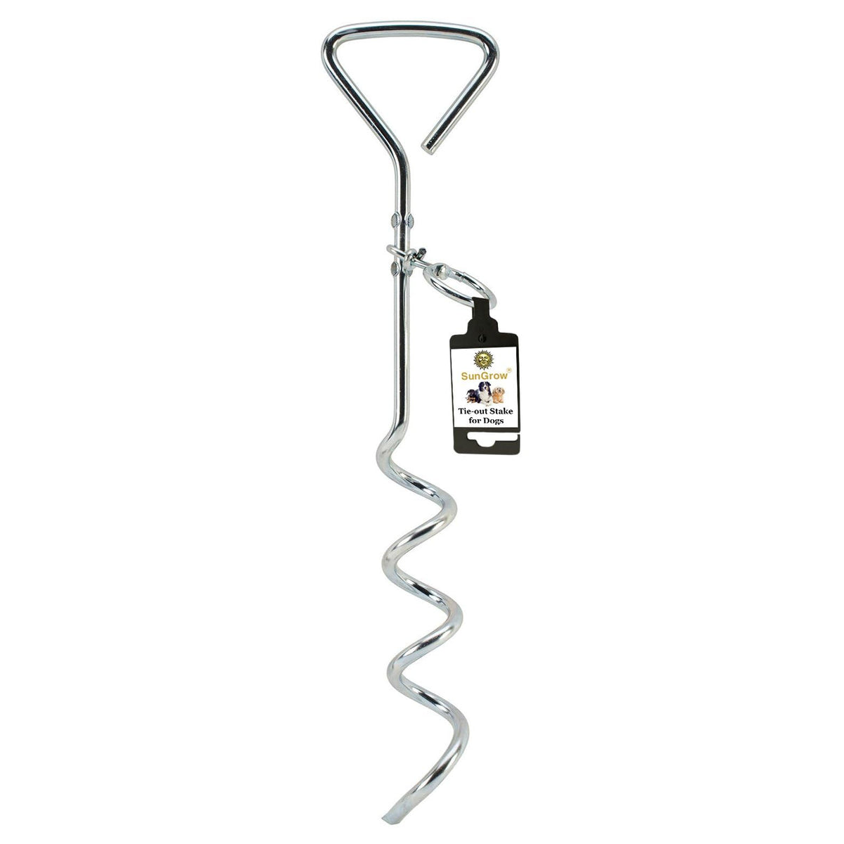 SunGrow-chien-tie-out-stake-sol-rotation-360 installé pour une promenade sans enchevêtrements.