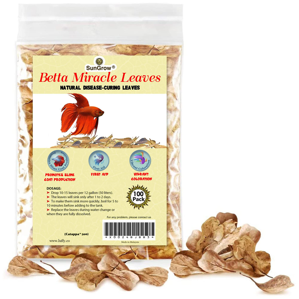 SunGrow feuilles Catappa indiennes – 100 feuilles pour betta et stabilité de l'eau.