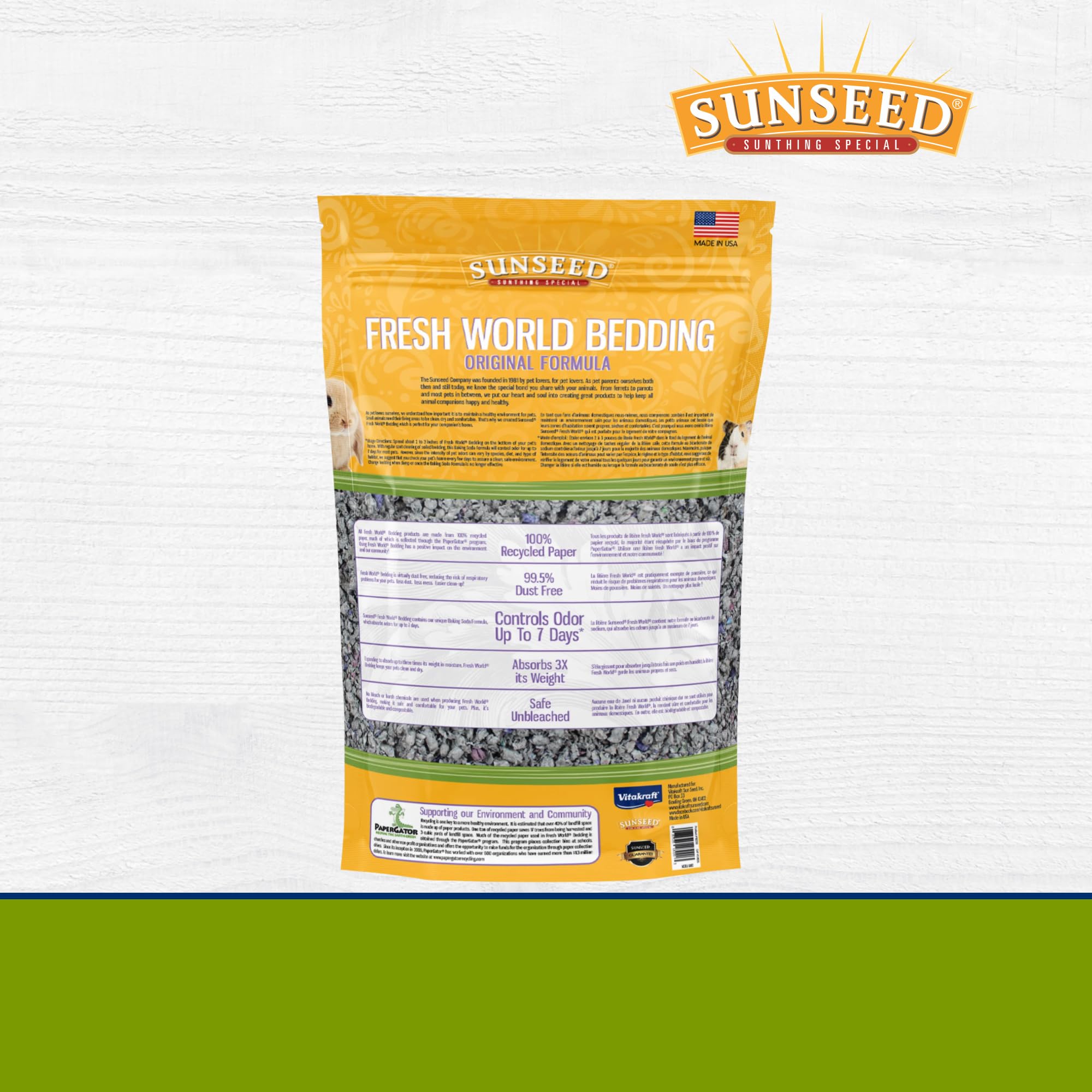 Sunseed Fresh World Bedding Biodegradable et compostable, respect de l’environnement.