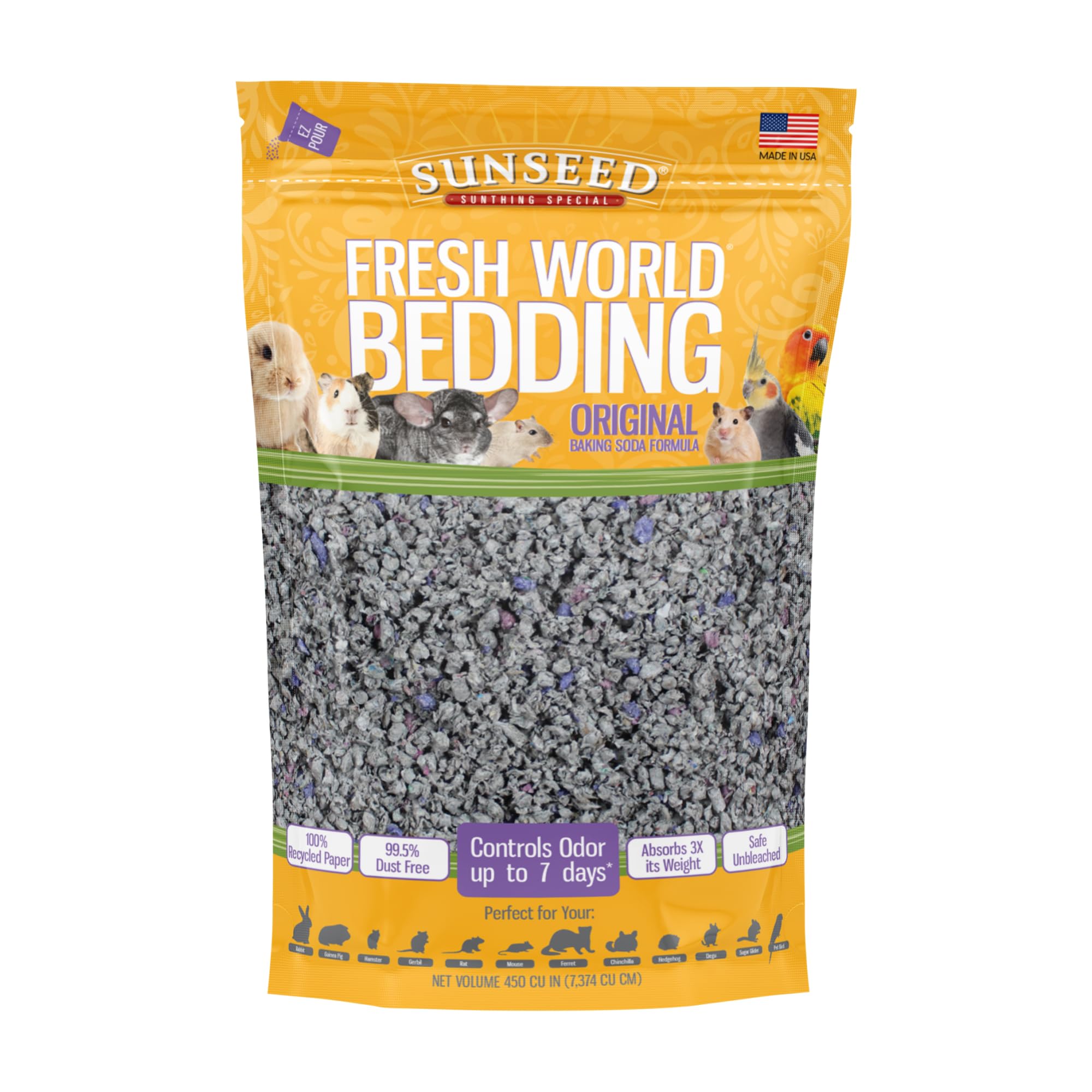 Sunseed Fresh World Bedding Original Gris, papier recyclé et absorption élevée.