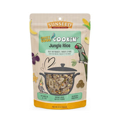 Sunseed Crazy Good Cookin Jungle Rice avec bananes et pistaches; snack enrichissant pour oiseaux.