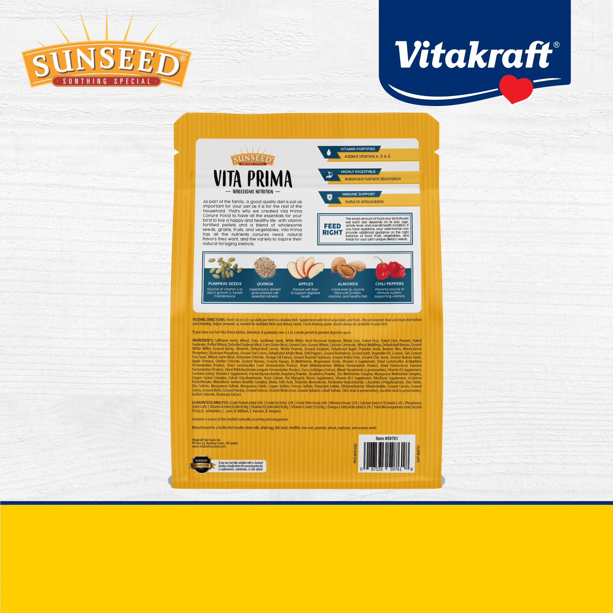 Sunseed Vita Prima Conure sans-colorants-aromes pour alimentation naturelle.