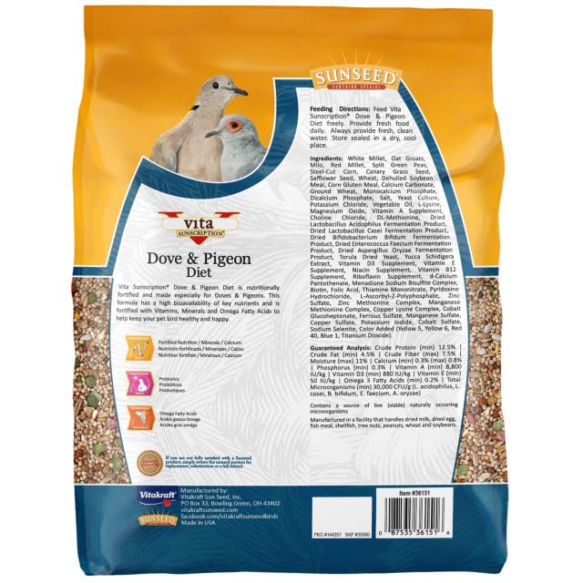 Ingrédients riches en probiotiques et oméga pour pigeons Sunseed.