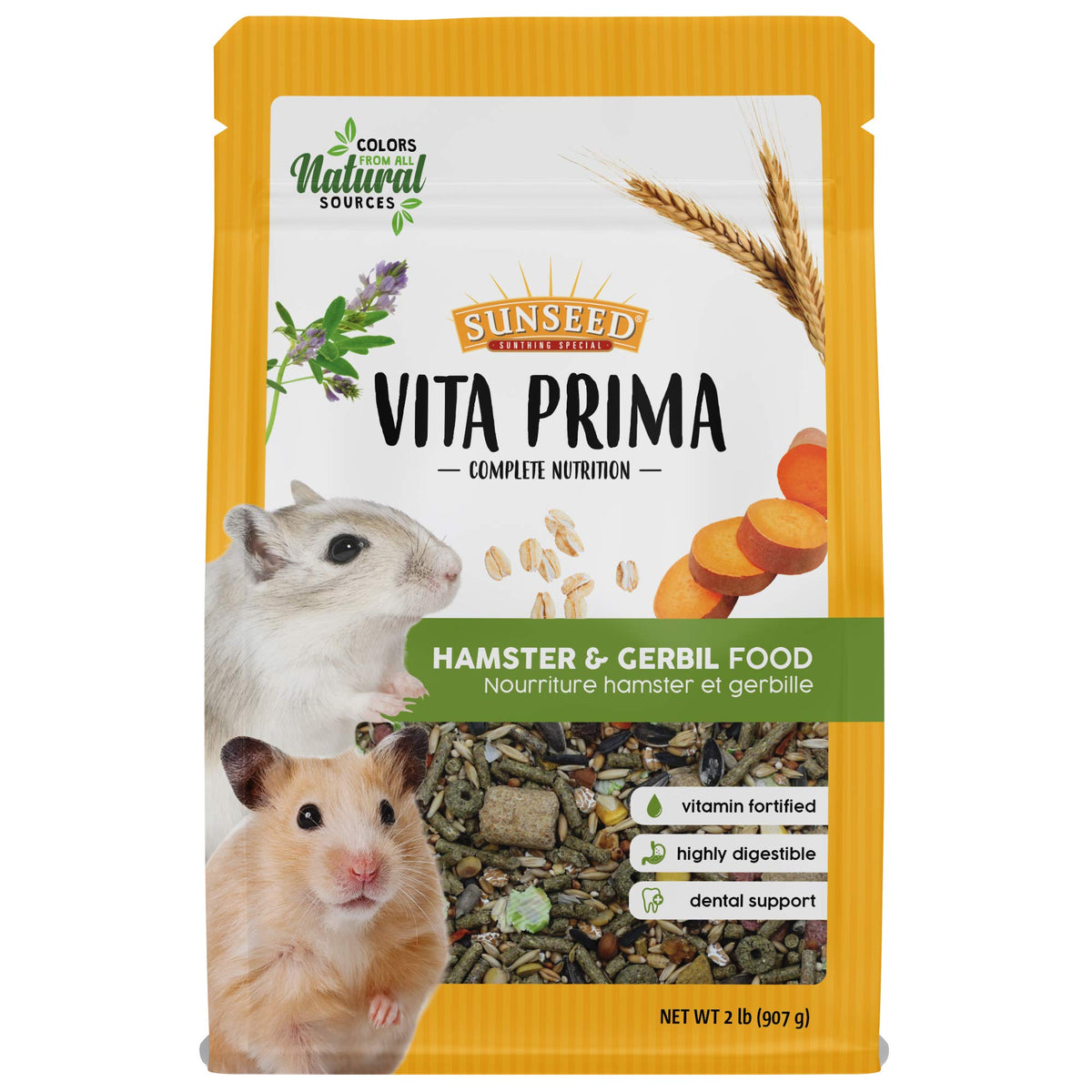Sunseed Vita Prima emballage montrant une alimentation adaptée pour hamsters et gerbilles domestiques.