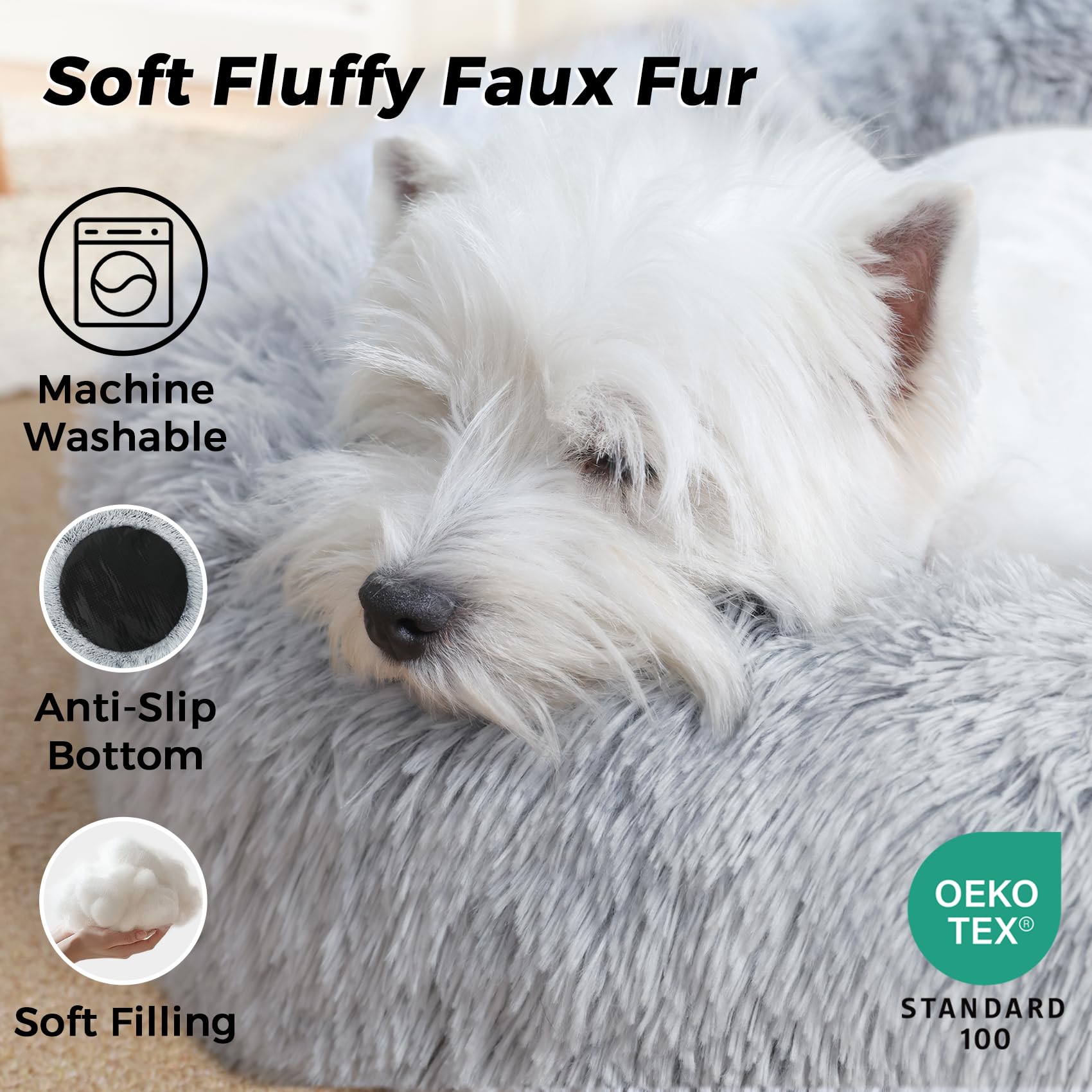 SunStyle Home lit donut pelucheux gris clair — rembourrage moelleux offrant un repos réconfortant.