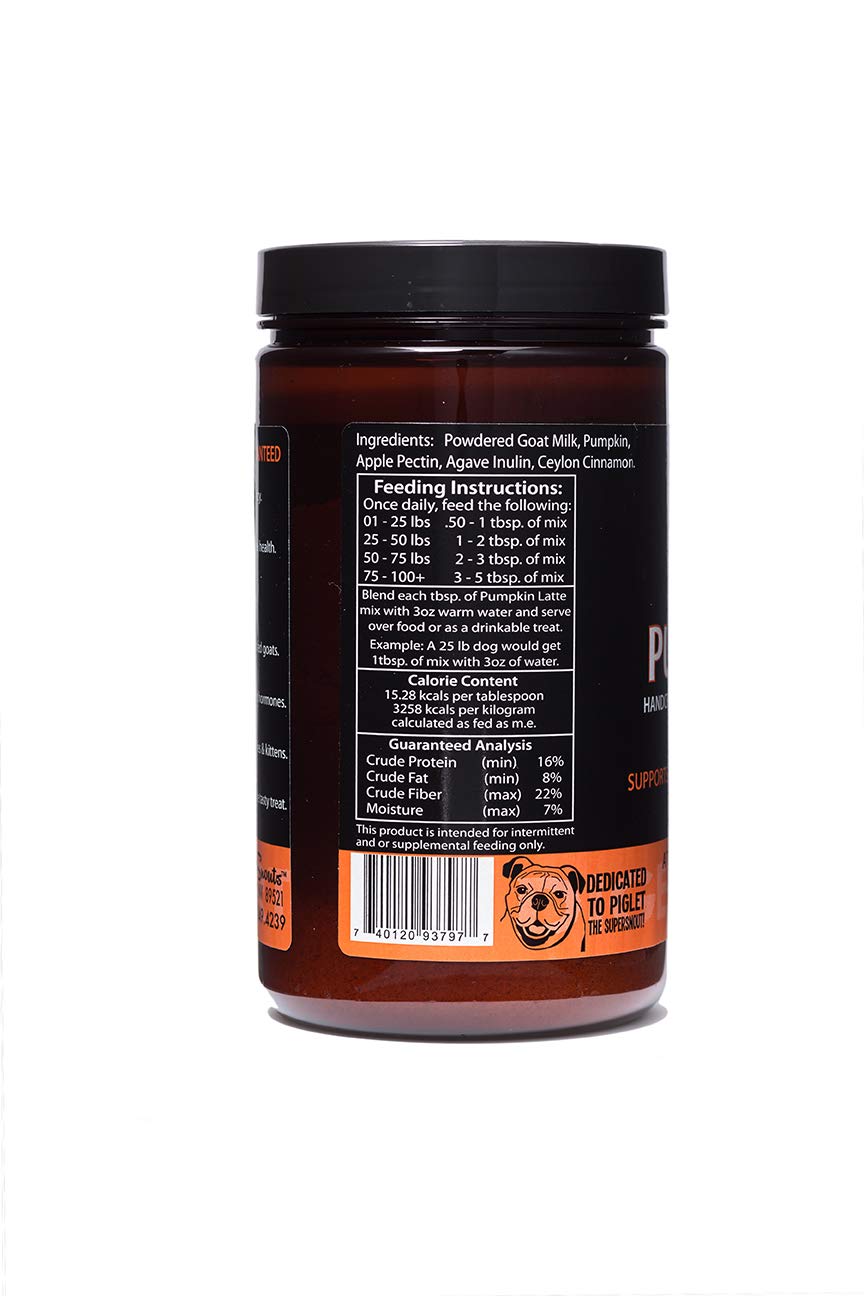 Super Snouts Pumpkin Latte – ingrédients citrouille et lait de chèvre visibles.