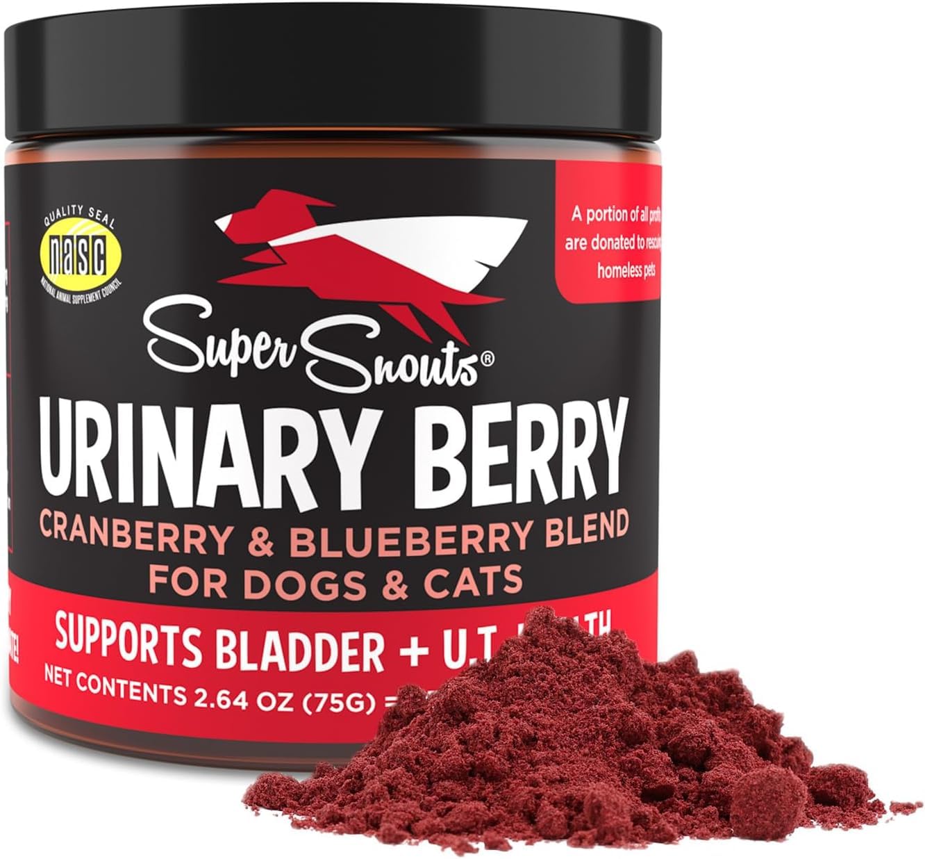 Super Snouts Urinary Berry: poudre canneberge et myrtille, soutien urinaire pour chiens et chats.