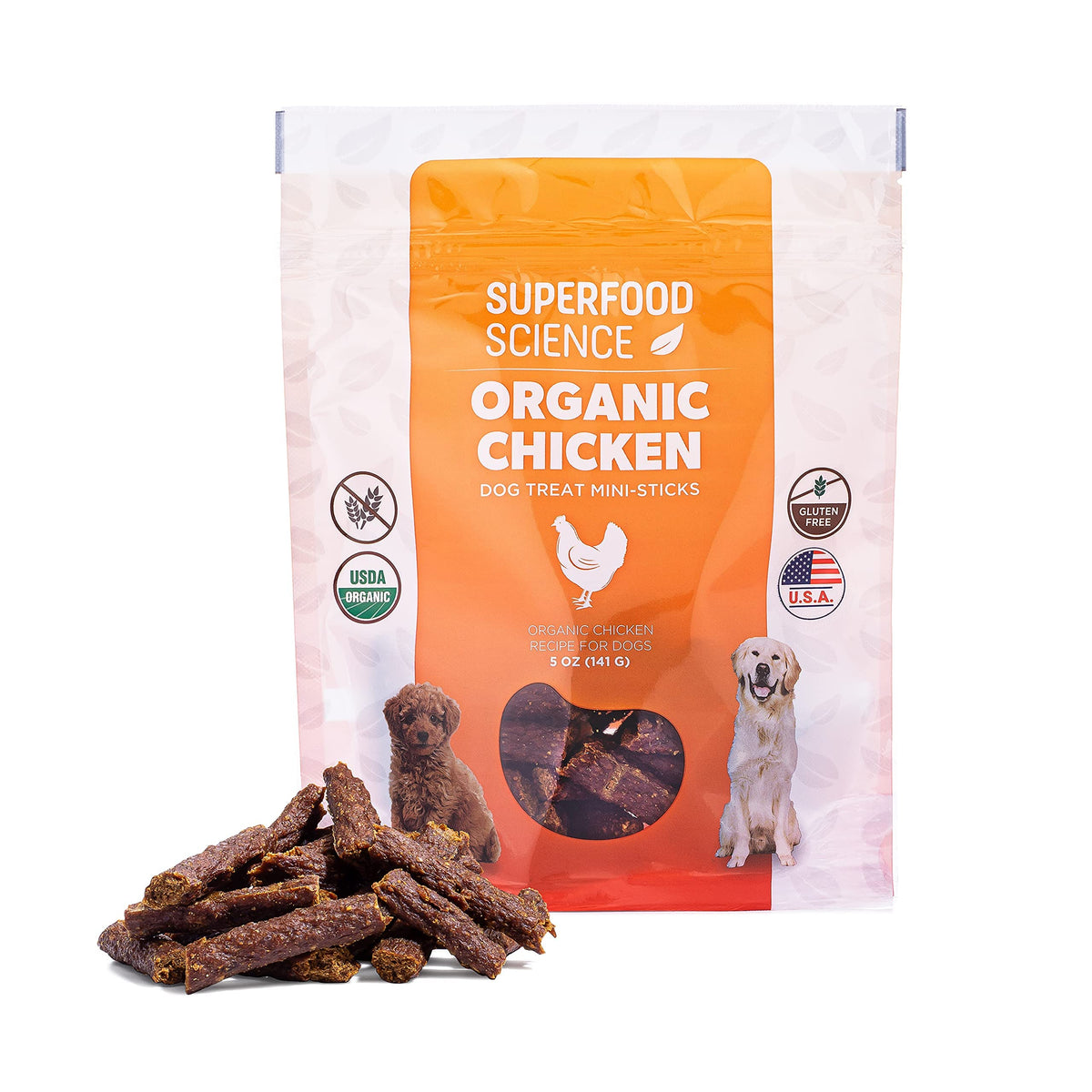 Friandises poulet bio Superfood Science, jerky semi-moelleux, idéale pour l’entraînement.