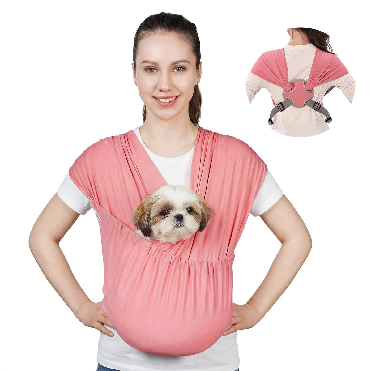 Supet sling porte-chien petits rose à l'avant pour un maintien confortable pendant la balade.