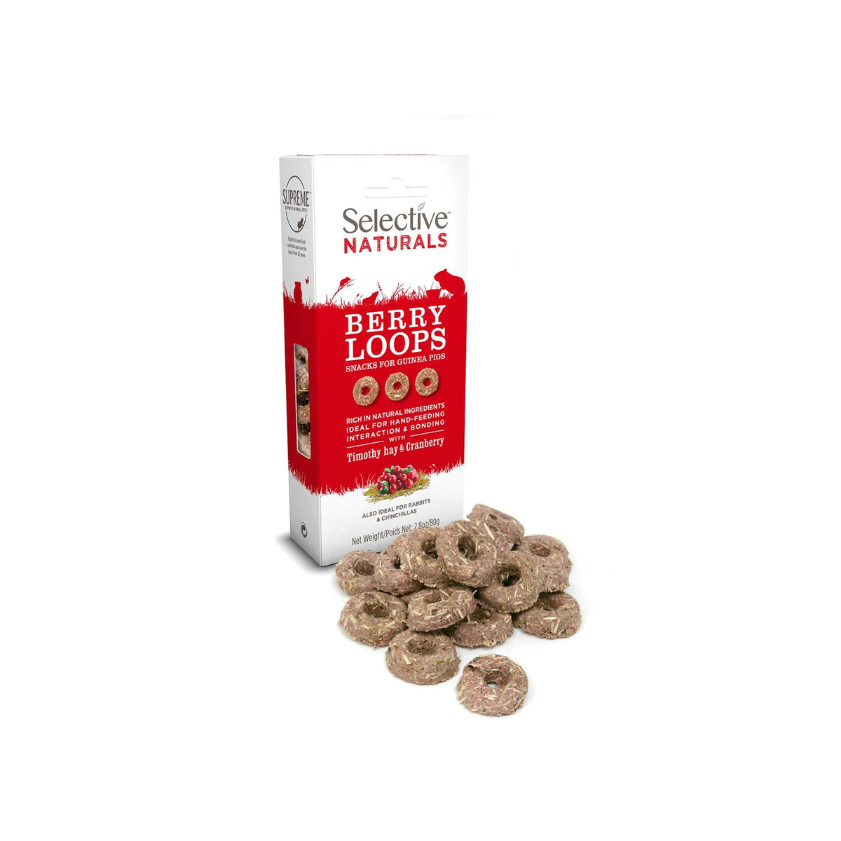 Emballage du produit Berry Loops de Supreme Petfoods, facile à ranger.
