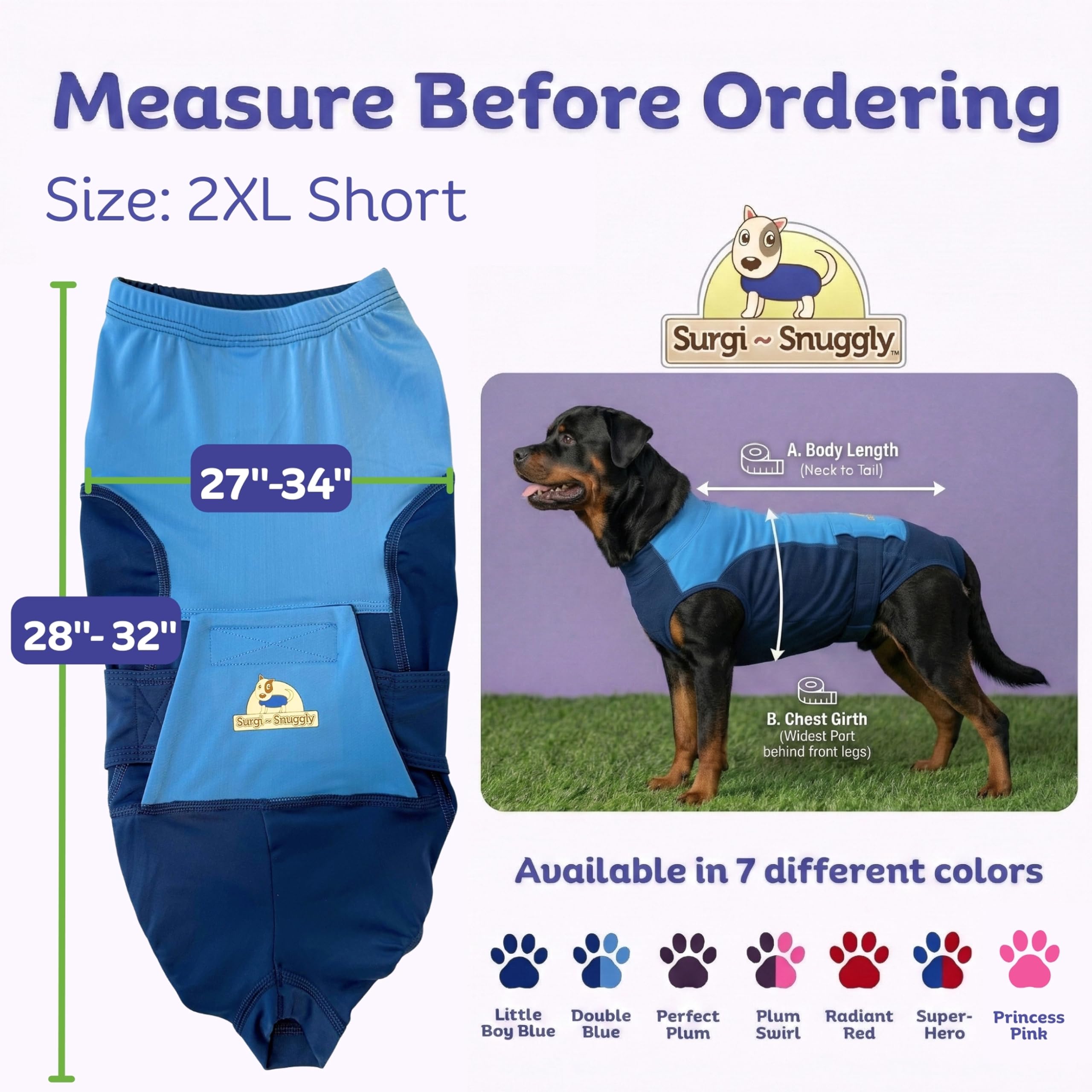 Surgi-Snuggly manteau récupération chien - vue avant, mouvement libre et doux.