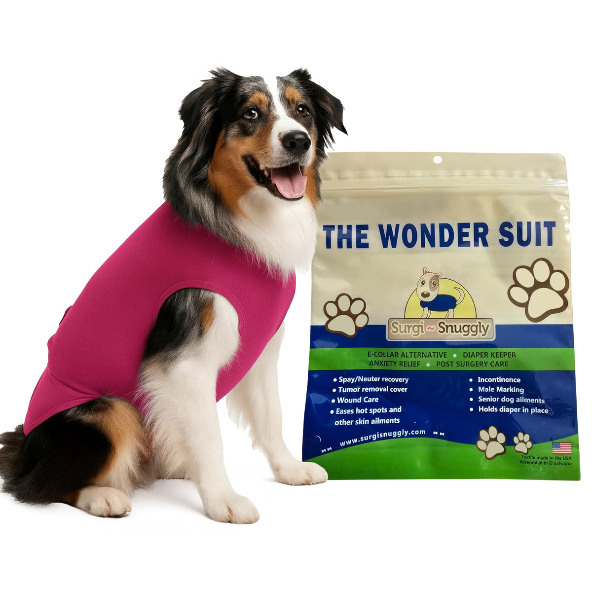 Surgi~Snuggly costume de récupération pour chien après chirurgie, confort et mobilité.
