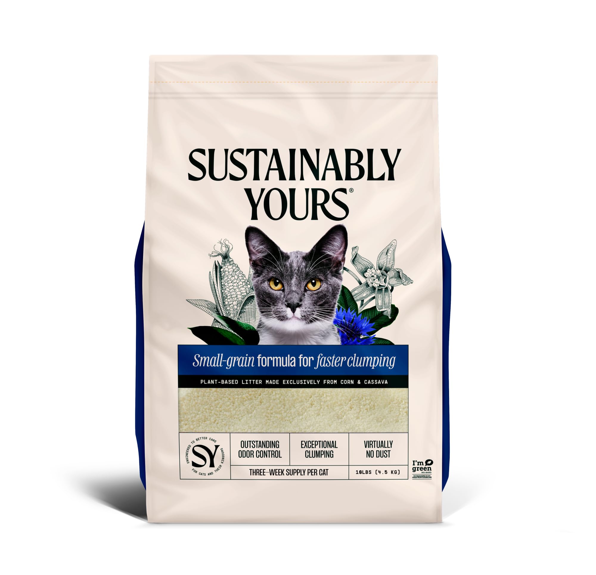Litiere Sustainably Yours avec grains fins favorisant une formation de mottes rapide et propre.