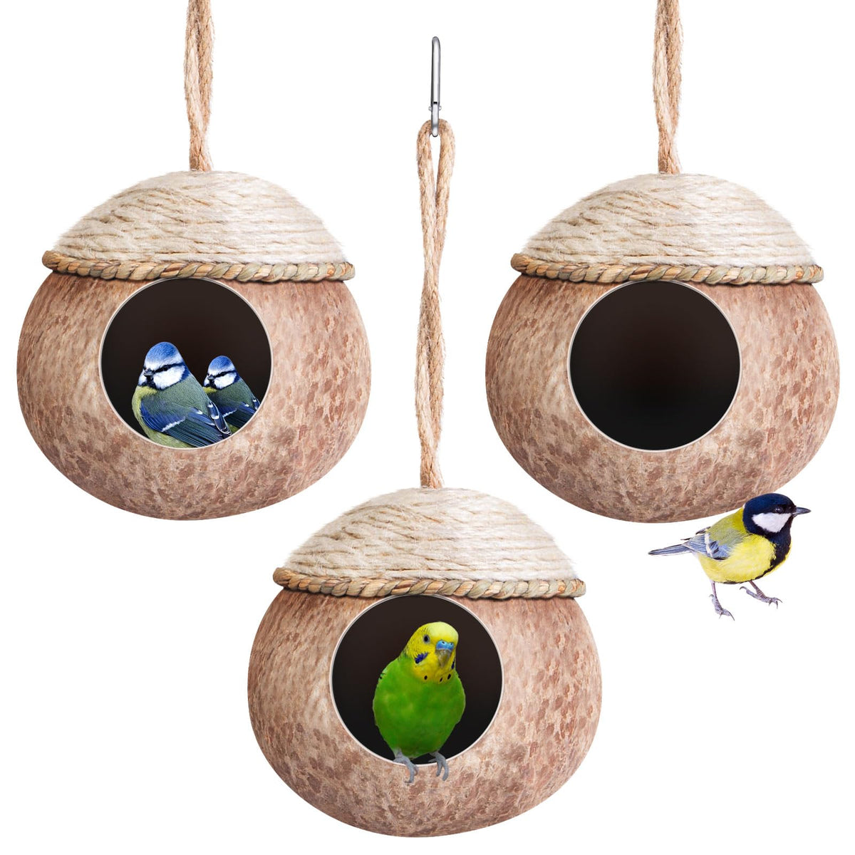 Suzile Nids Coco Naturel 3 Pièces – vue générale pour abri sûr des oiseaux.