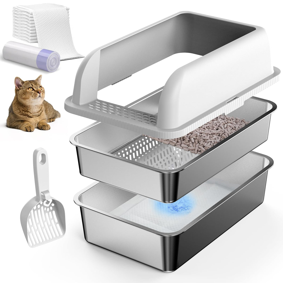 Suzzipaws boîte à litière en inox avec couvercle XL, idéale pour limiter les odeurs.