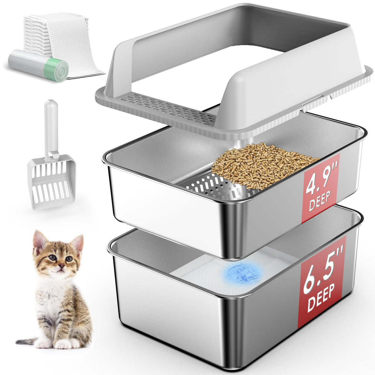 Suzzipaws boîte-litière inox avec couvercle, vue avant, nettoyage facile
