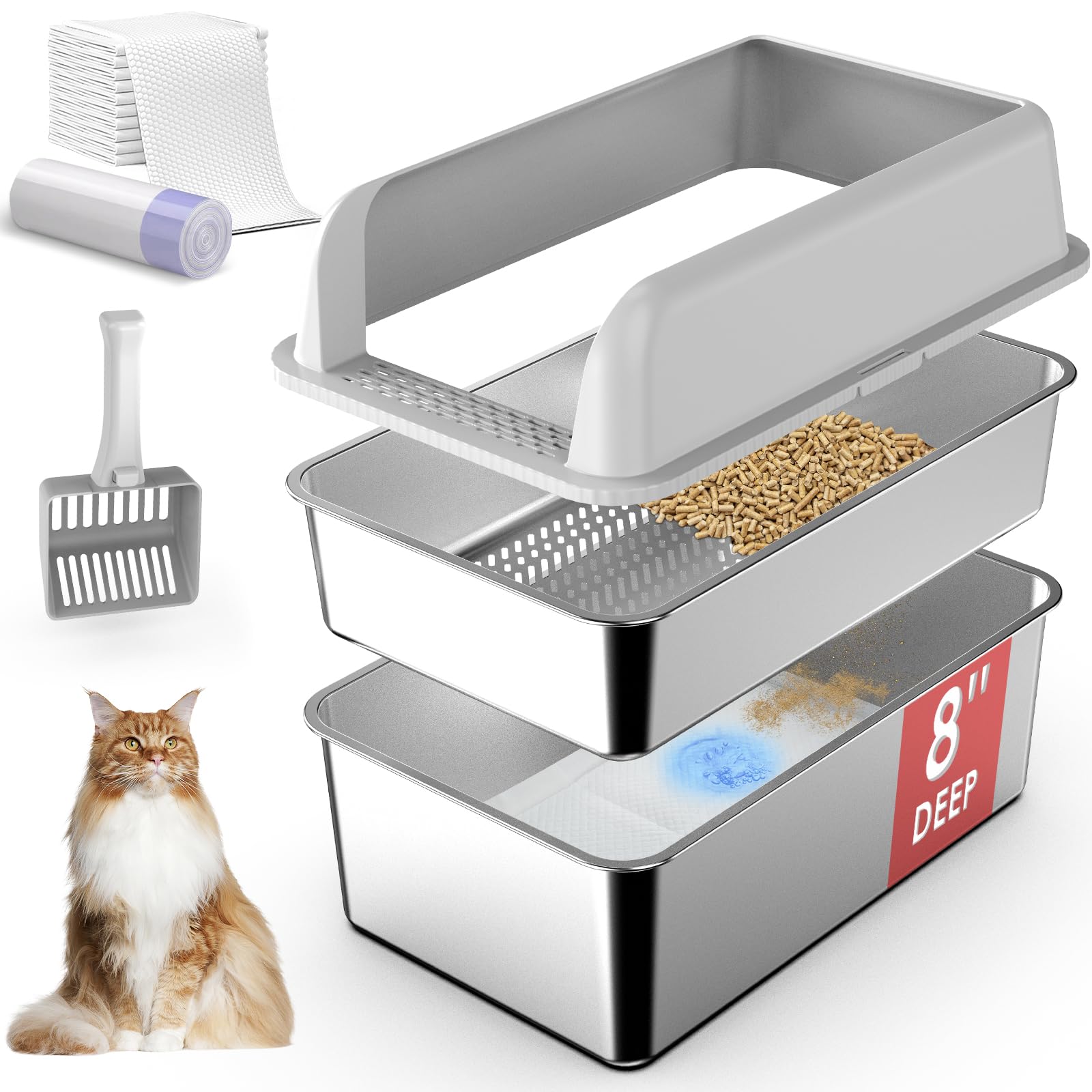 Suzzipaws – boîte-litière profonde en acier inox, offre plus d’espace pour la litière.
