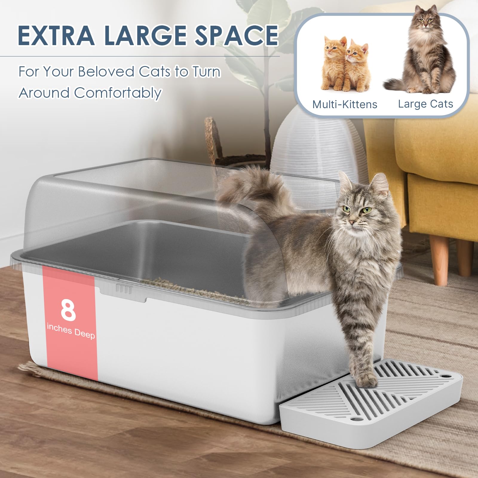 Suzzipaws litière inox pieds accessibles, facilité d'entrée pour les chats.