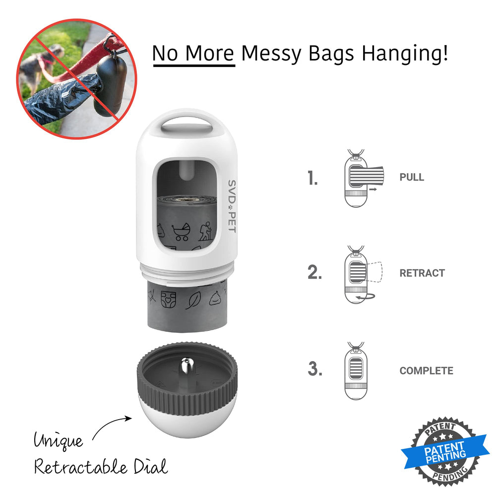 Distributeur SVD.PET avec molette rétractable pour ranger les sacs supplémentaires.