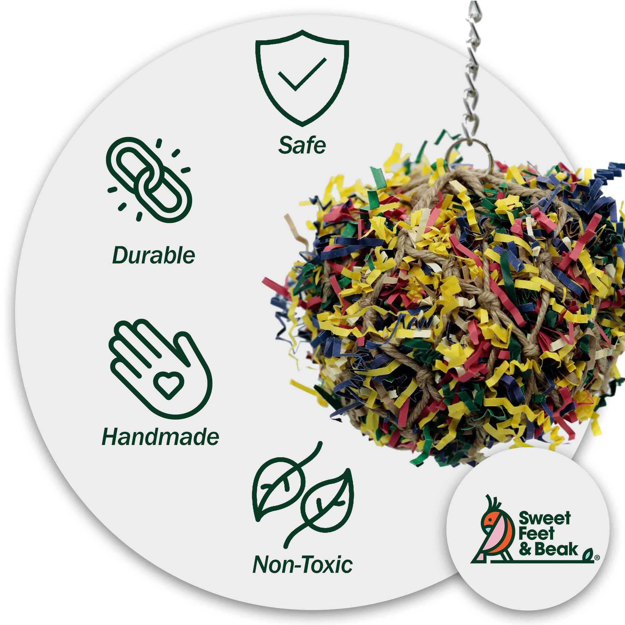 Sweet Feet and Beak – chaîne robuste, jouet durable pour oiseaux actifs.
