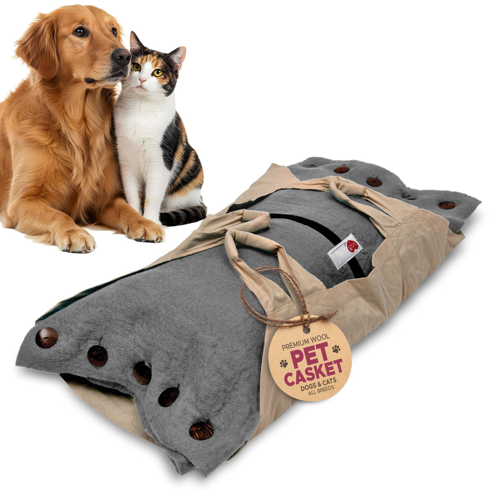 Sweet Goodbye Cocoon: cercueil animal gris en laine premium pour une cérémonie respectueuse.