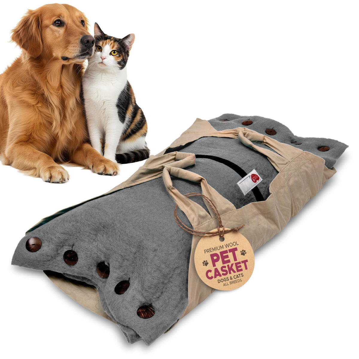 Sweet Goodbye Cocoon: cercueil animal gris en laine premium pour une cérémonie respectueuse.