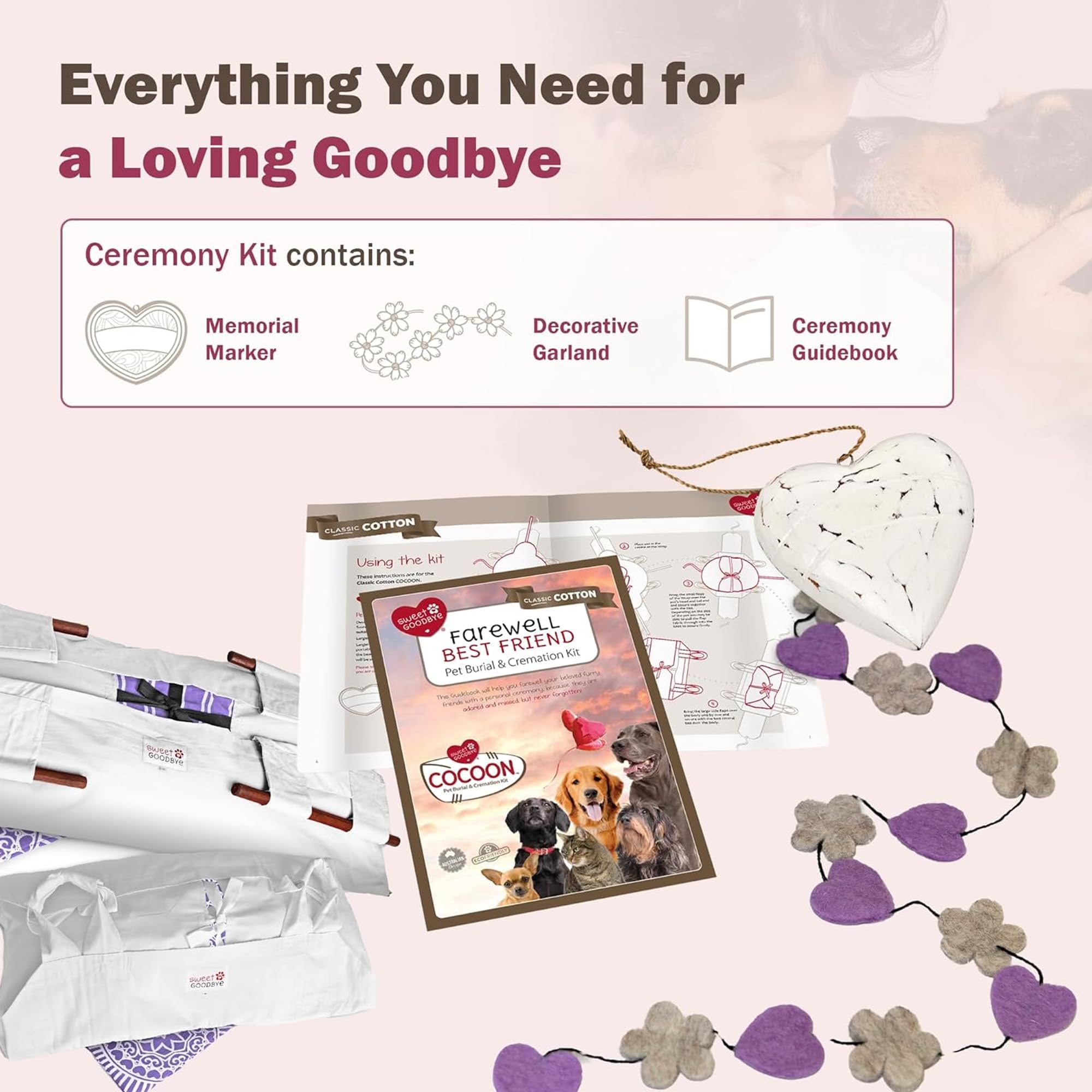 Sweet Goodbye Cocoon options de couleur blanc et lavande pour une présentation apaisante