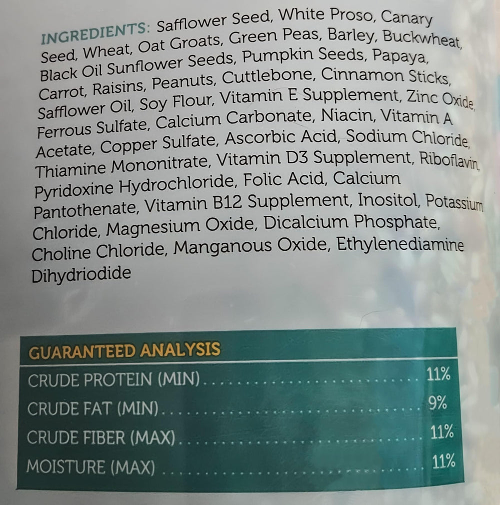 Sweet Harvest : ingrédients naturels enrichis en vitamines et minéraux pour oiseaux heureux.