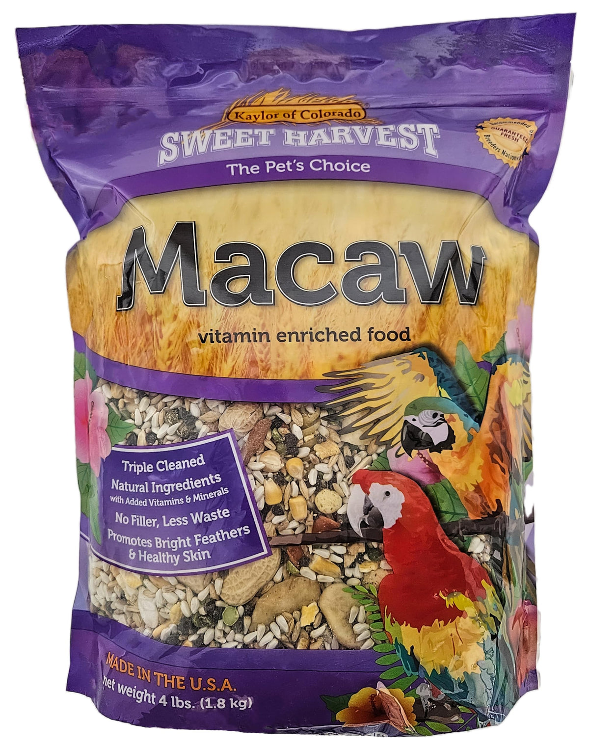 Nourriture Sweet Harvest pour ara macao dans l'emballage, fraîche et prête à l'emploi.