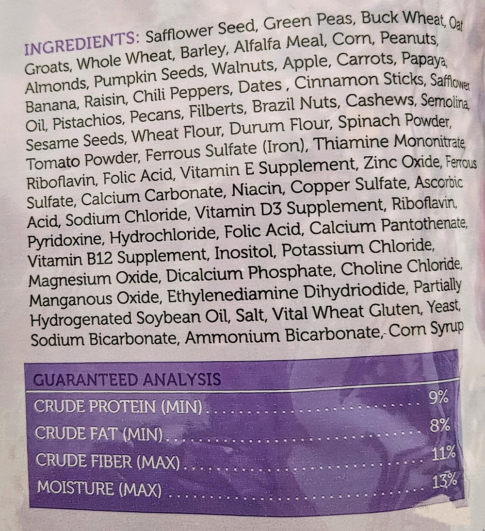 Tasse de nourriture Sweet Harvest montrant un repas quotidien équilibré pour ara macao.