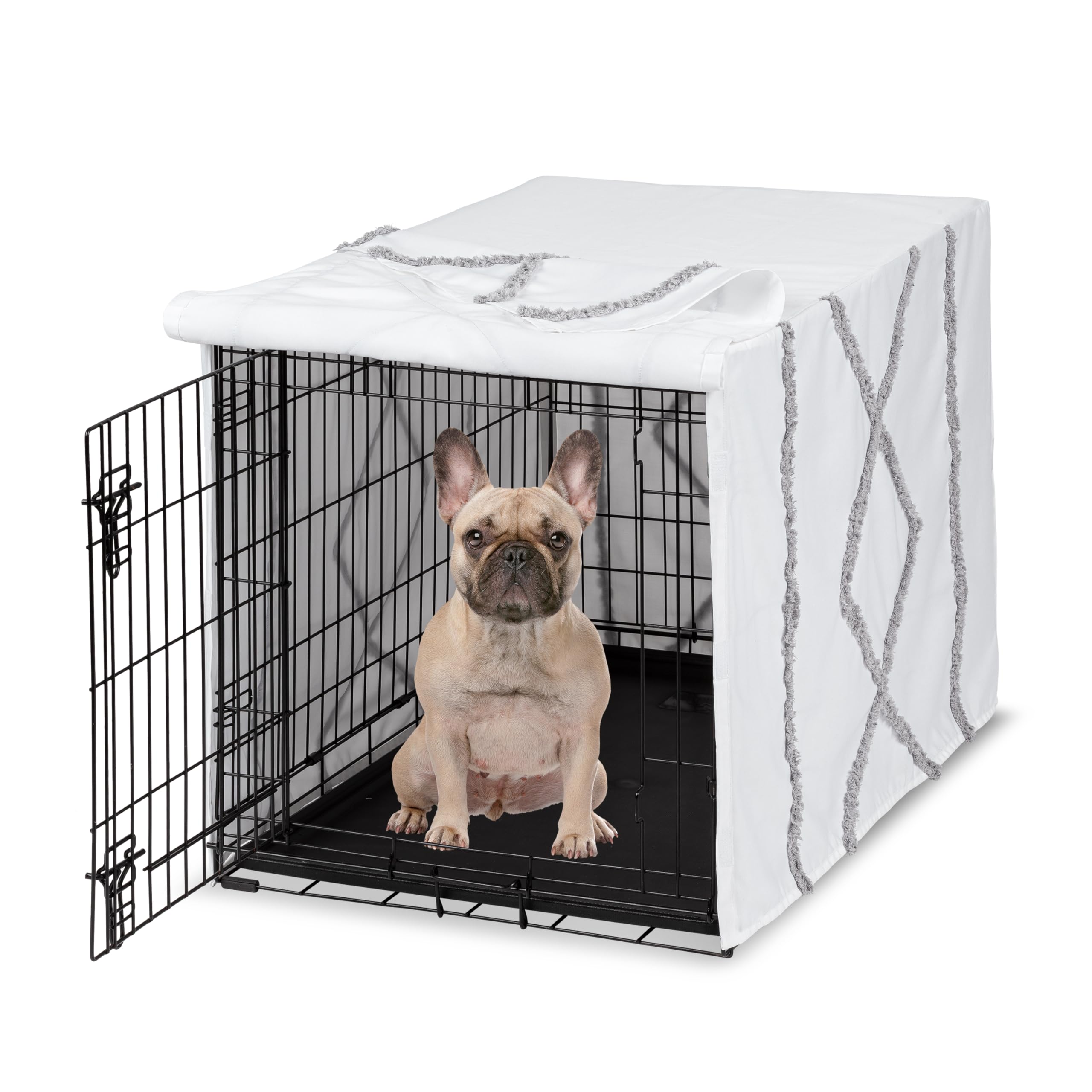 Sweet Jojo Designs couvre cage chien 30in gris boho franges macramé décoratif et apaisant.