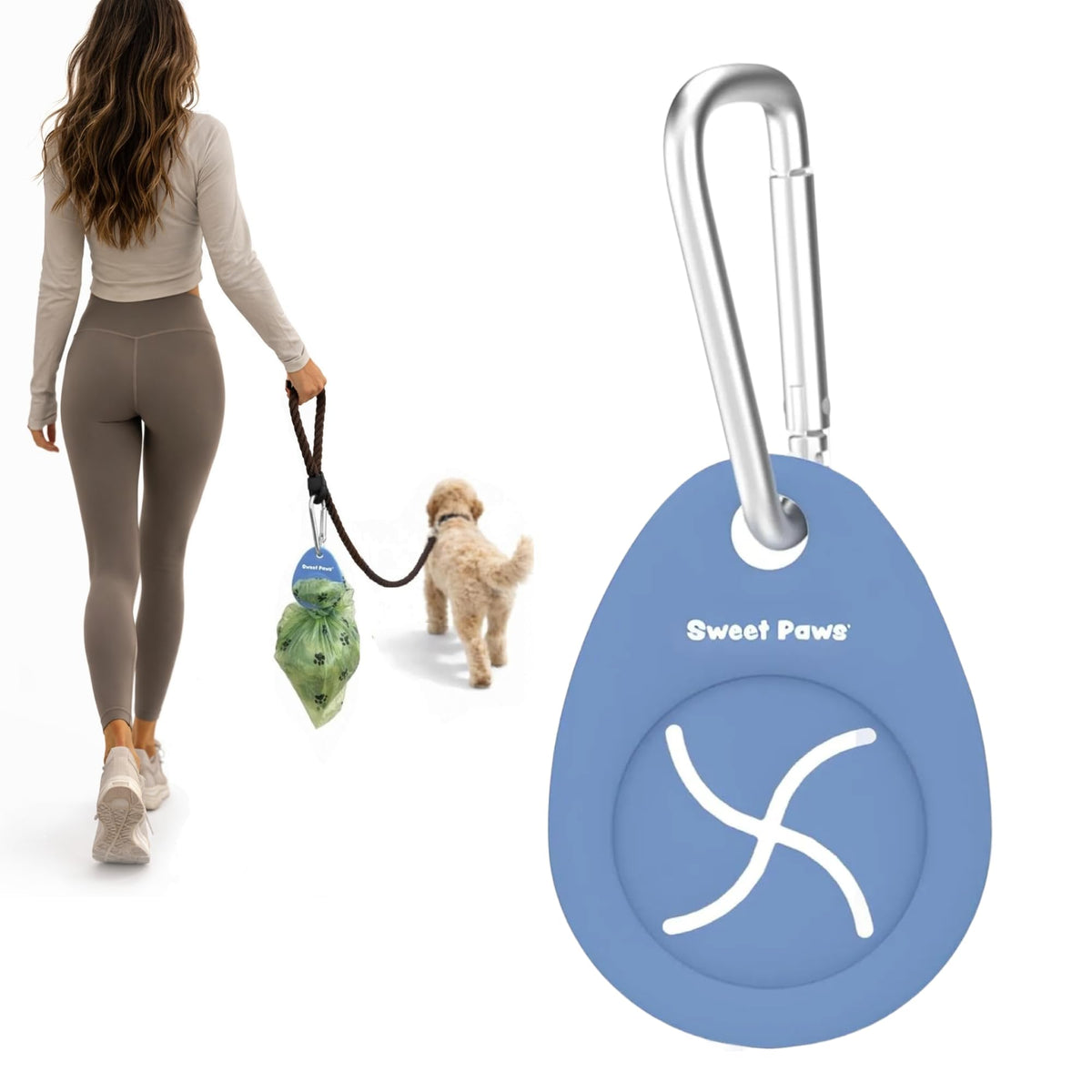Sweet Paws porte-sac crottes azure: solution mains-libres pour promenades propres.