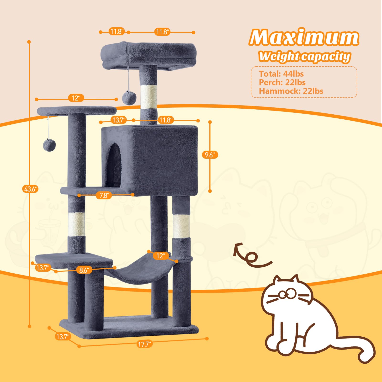 Sweetcrispy Arbre à chat 44 pouces – balles pendantes pour jeux interactifs