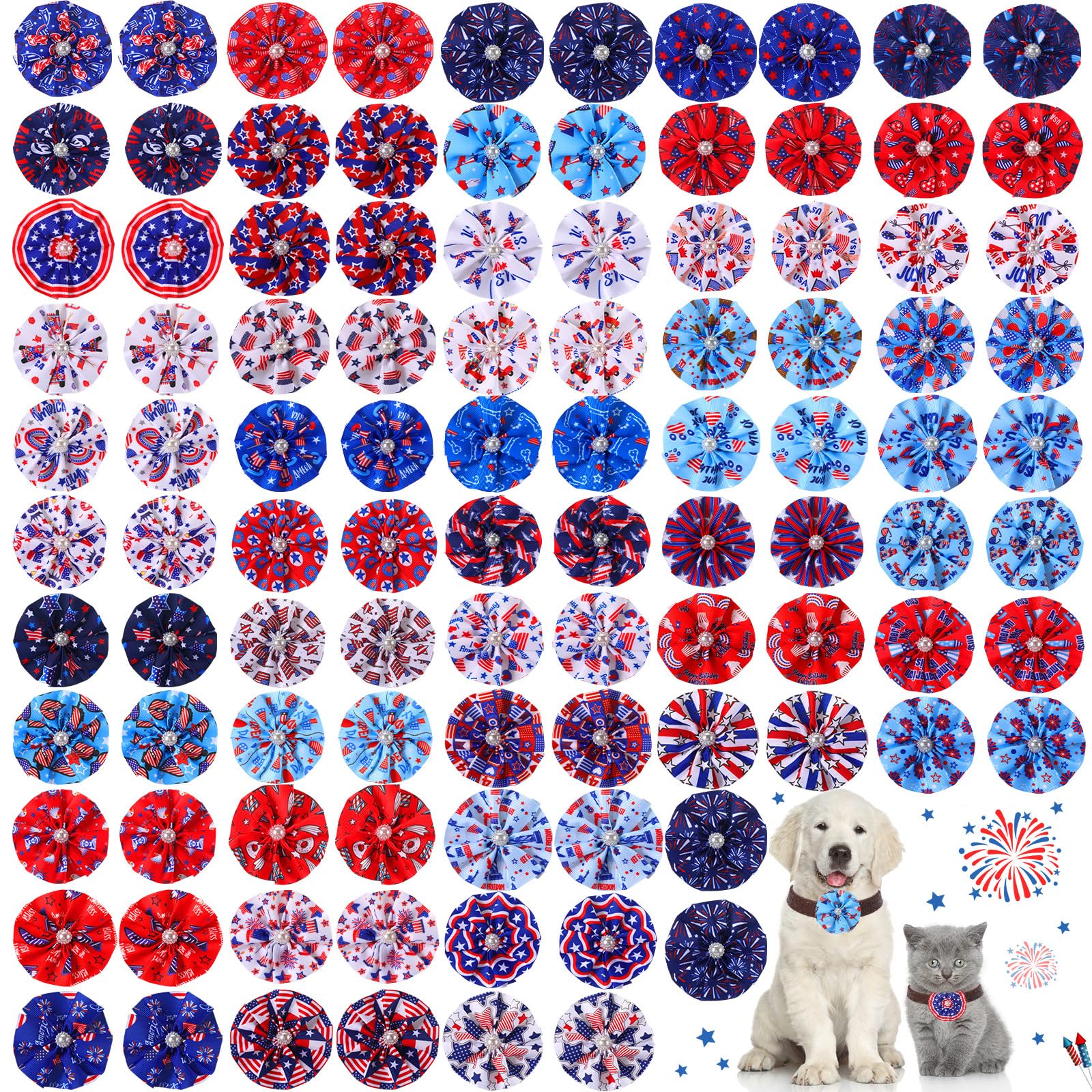 Sweetude fleurs drapeau 4 juillet sur collier chien, look festif pour photos.