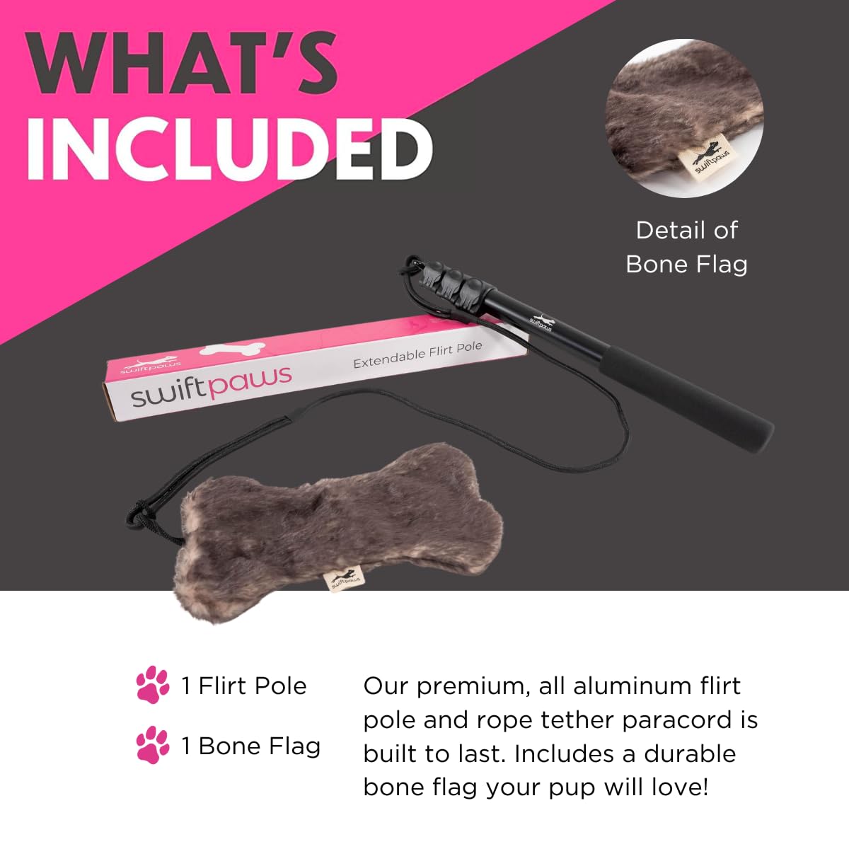 SwiftPaws Flirt Pole structure aluminium: durabilité et stabilité pendant les sessions.