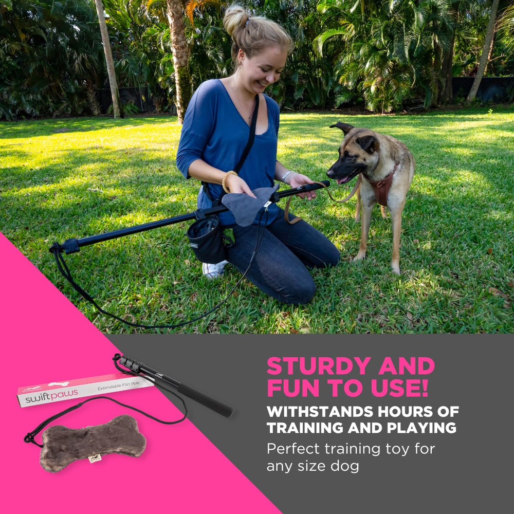 SwiftPaws Flirt Pole usage intérieur extérieur: adaptatif pour jeux et entraînement variés.