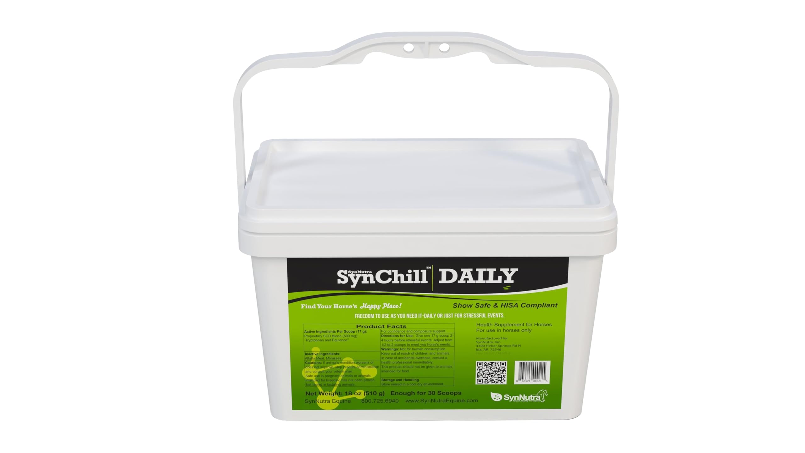 SynNutra Equine SynChill – flacon ouvert et granulés calmes, prêt pour l entraînement.