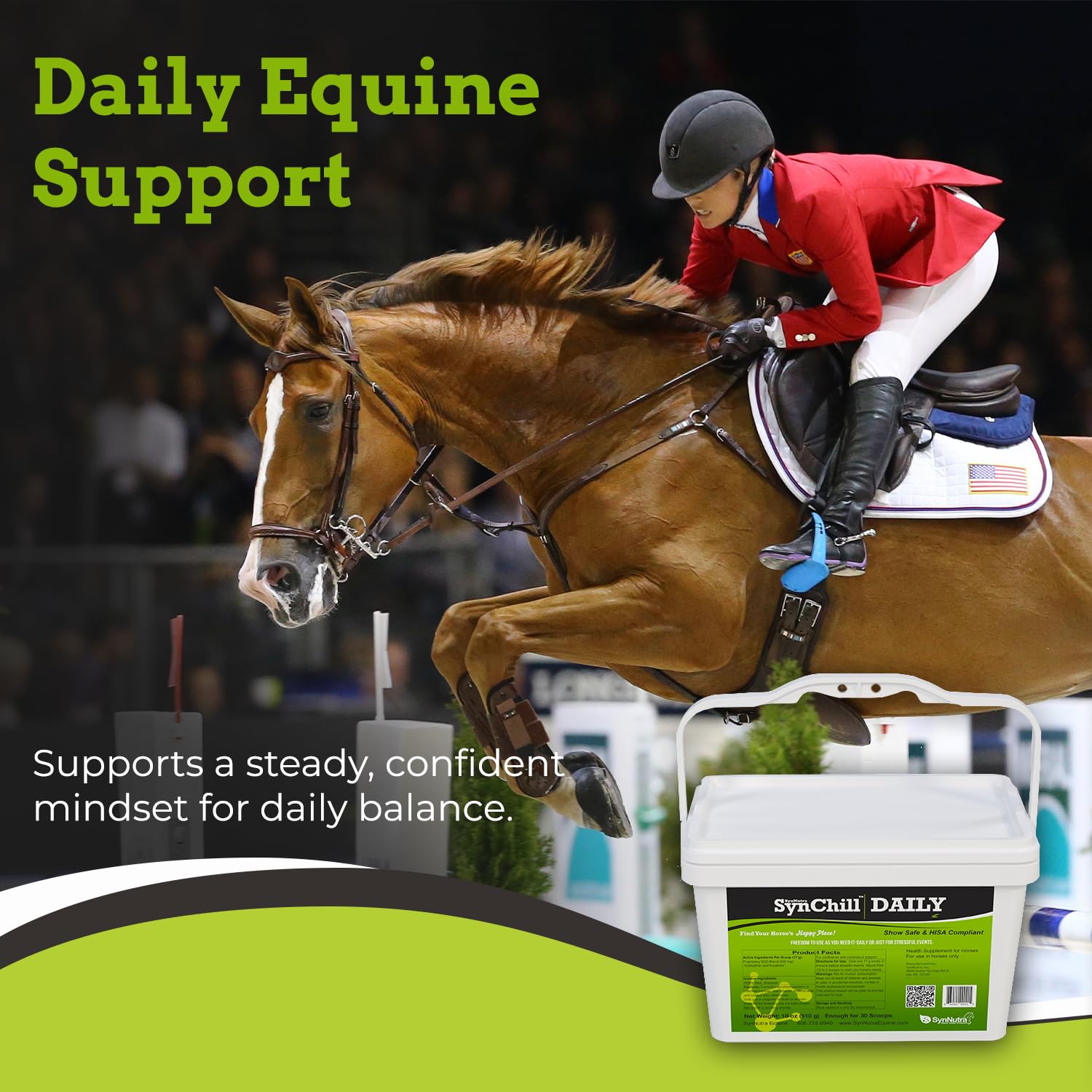 SynNutra Equine SynChill – cheval en action, préparation avant concours.