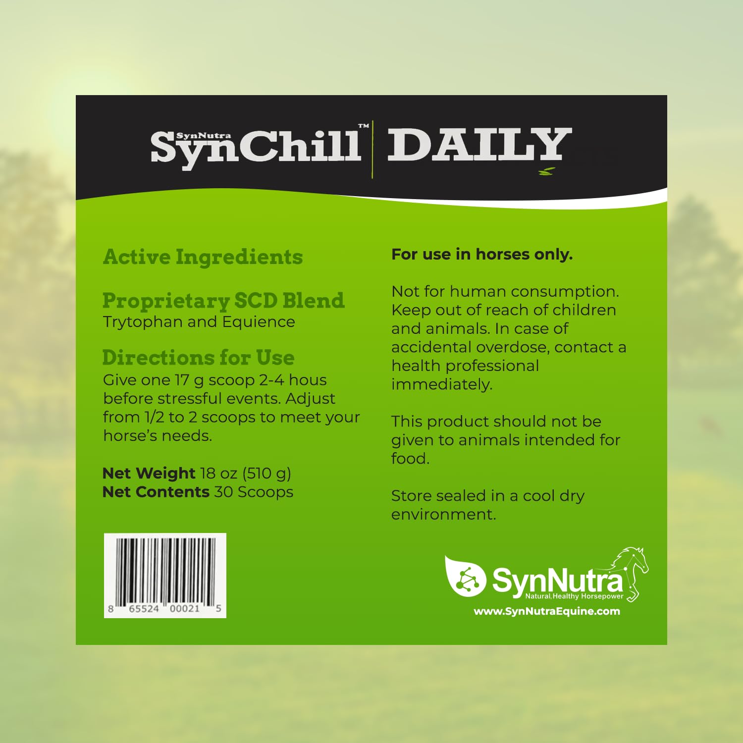 SynNutra Equine SynChill – dose quotidienne illustrée, pratique pour la routine.