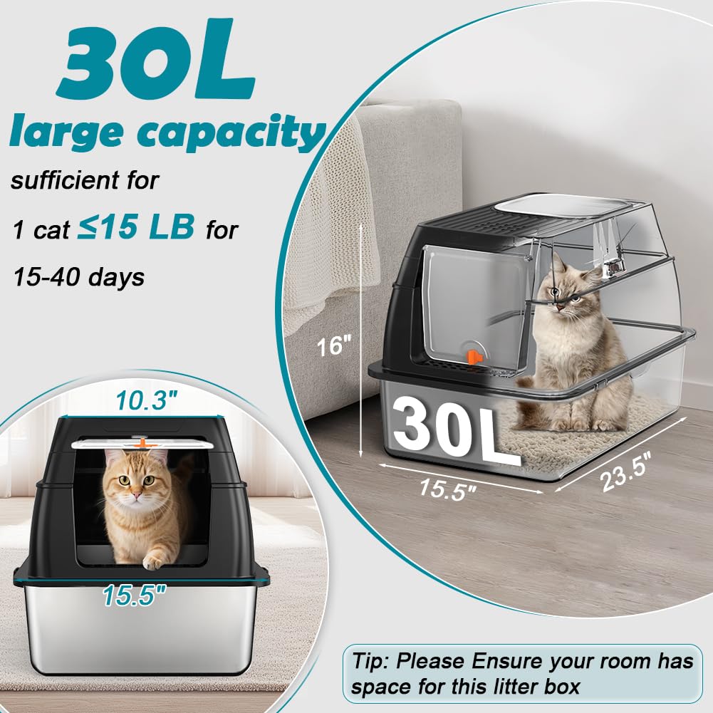 SZEE XL boîte litière acier inoxydable ouverte, accès pratique et sécurité renforcée.