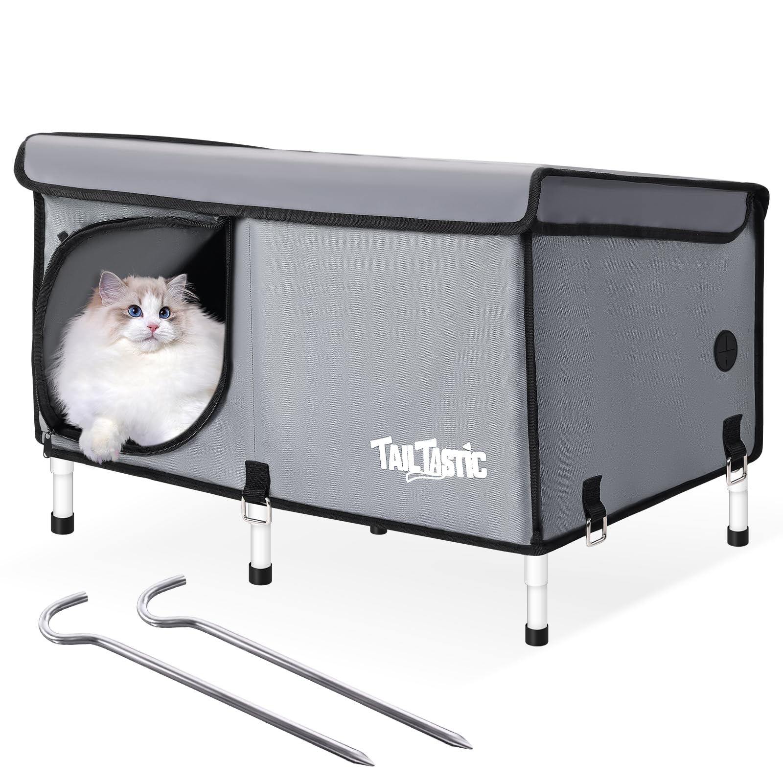 TailTastic maison pour chat extérieure surélevée gris grand, abri durable et confortable pour plusieurs chats.