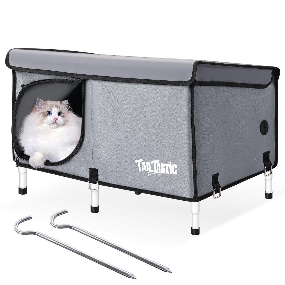 TailTastic maison pour chat extérieure surélevée gris grand, abri durable et confortable pour plusieurs chats.