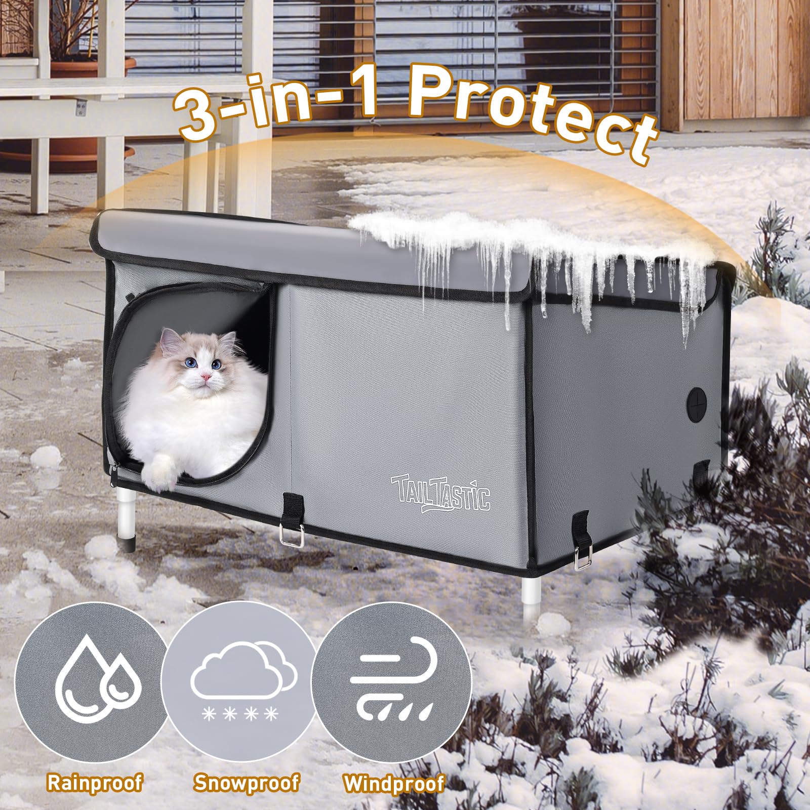 TailTastic toit incline étanche protège les chats contre pluie et neige.